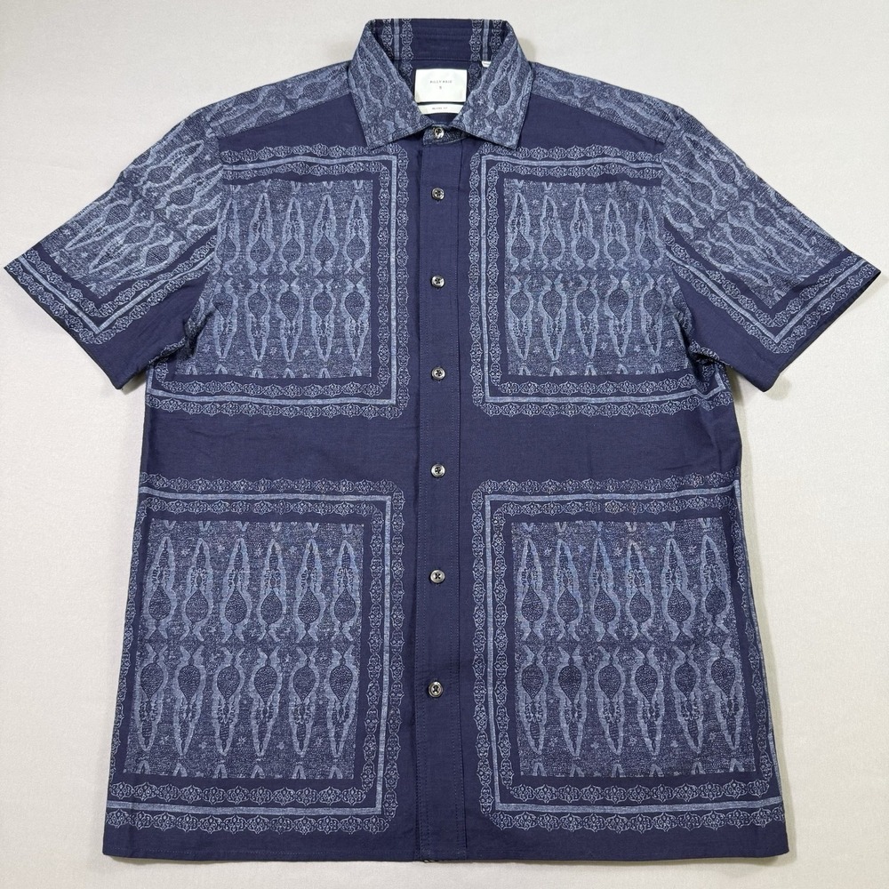 Billy Reid Shirt Mens Small Blue Indigo Treme Block Short Sleeve Button Up EUC